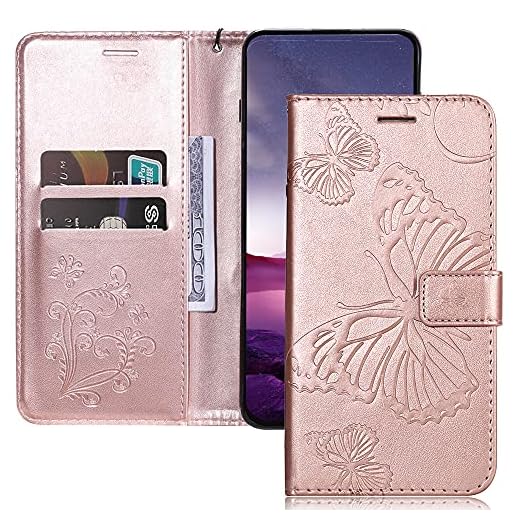 MEMAXELUS Capa carteira premium para celular Samsung Galaxy M33 5G, capa para Galaxy M33 5G com suporte para cartão, capa protetora de couro borboleta flip para Samsung M33 5G borboleta ouro rosa KT