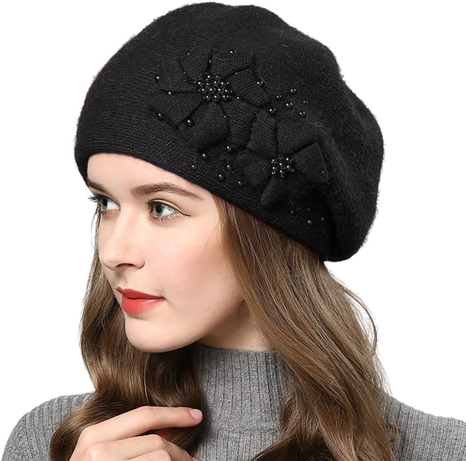 Rabbit Fur Beret Hat French Beret Cap Winter Warm Flowers Pearls Beanie Artist Painter Hat for Women Lady - Image 2