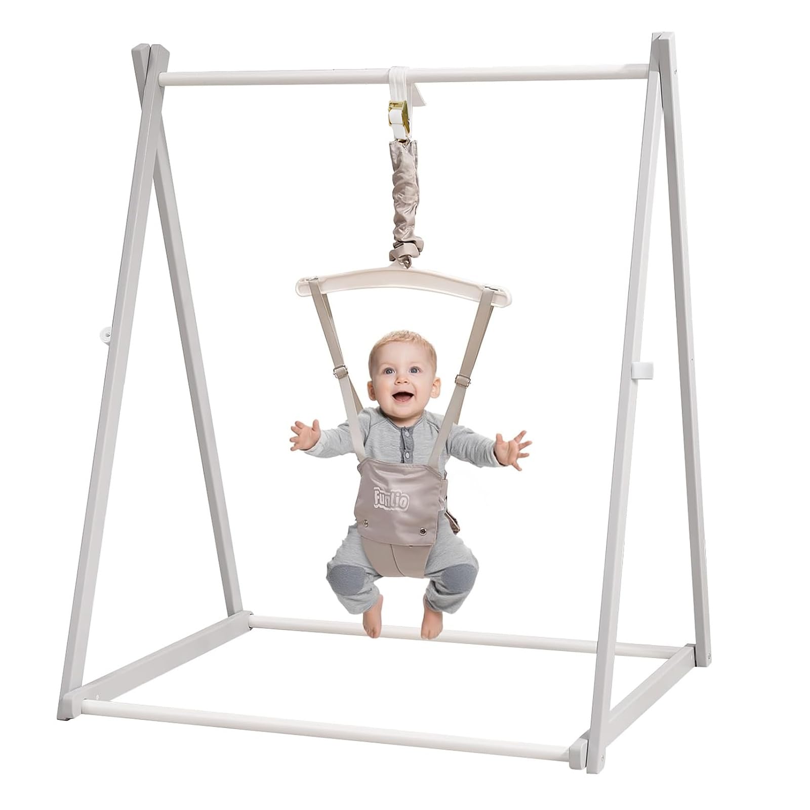 FUNLIO Montessori Wooden Baby Jumper with Stand for 6-24 Months, Adjustable Baby Bouncer for Indoor/Outdoor Play, Foldable Toddler Jumper for Baby Girl/Boy, Easy to Assemble & Store-Grey