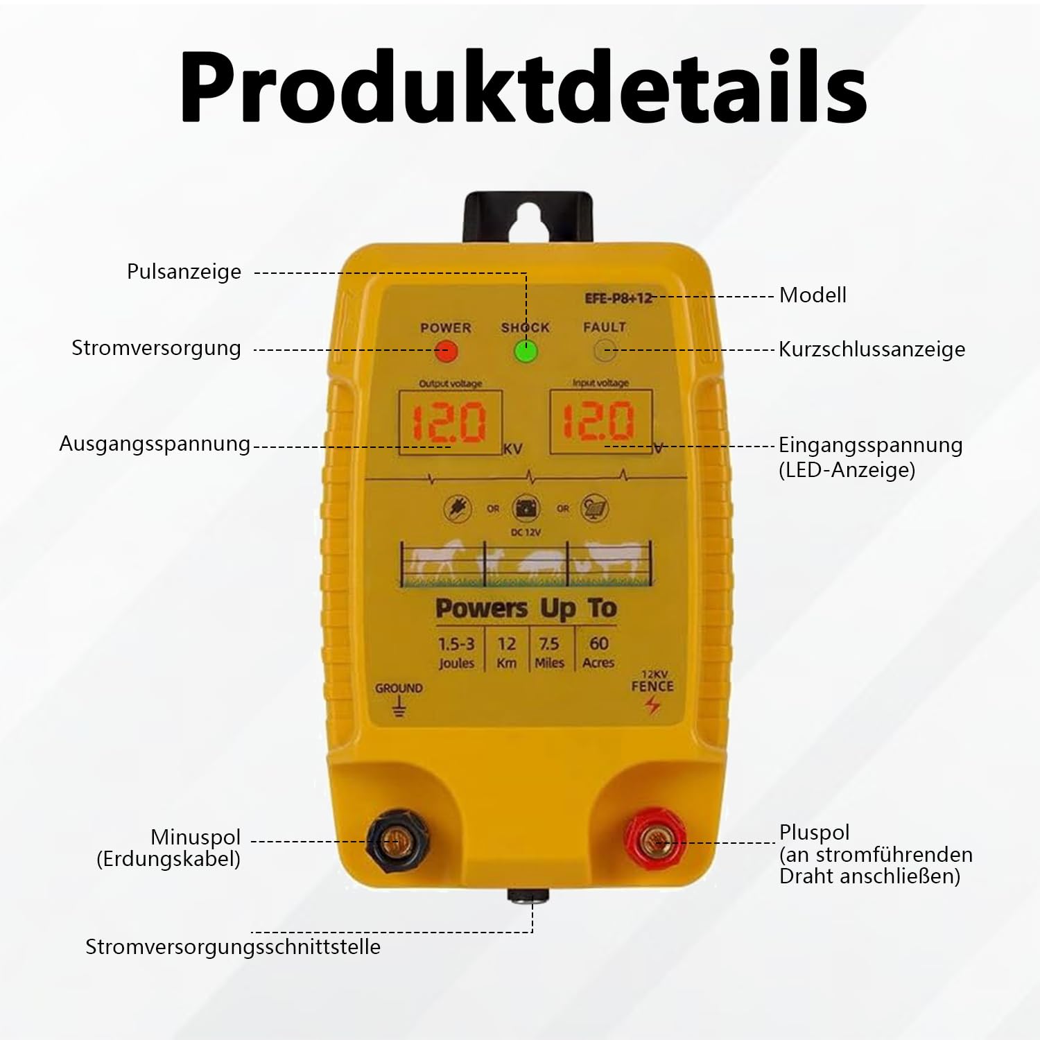 12 V Valla eléctrica con indicador LED, 1,5 – 3 julios, resistente al agua, sensor de corriente eléctrico, alcance 10 km, vallador eléctrico para ganado, ovejas, aves de corral y ganado