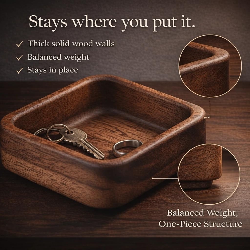 Walnut Wood Ring Tray 3.86 Inch, Mini Valet Tray for Daily Carry, Solid Wood Drop Zone for Keys Watch Jewelry, Bedside Desk Entryway Catchall image 4