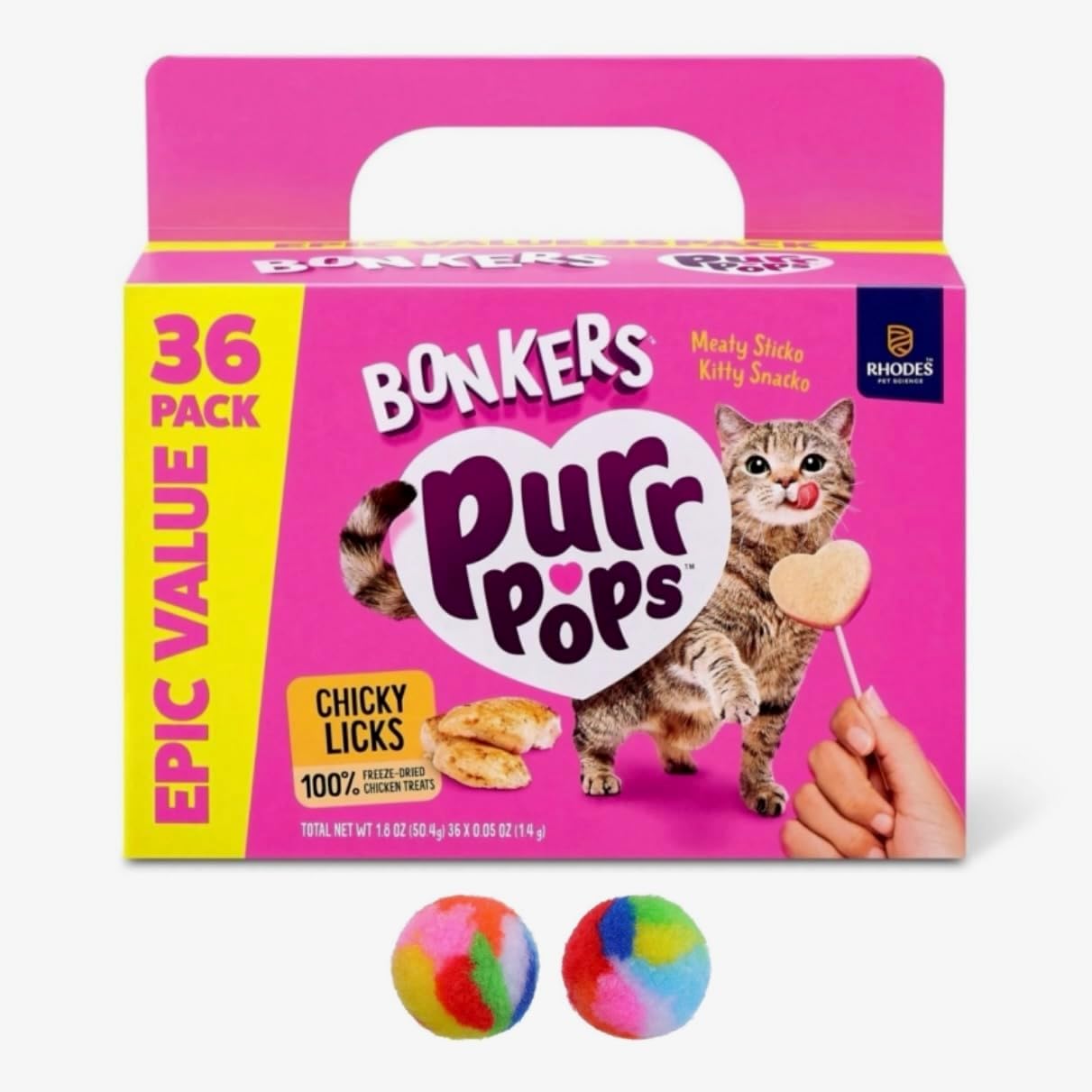 Bonkers Purrpops, Freeze Dried Chicken Flavored Lollipop Cat Treats, 36 pk with 2 Pom Pom Cat Toys Balls!