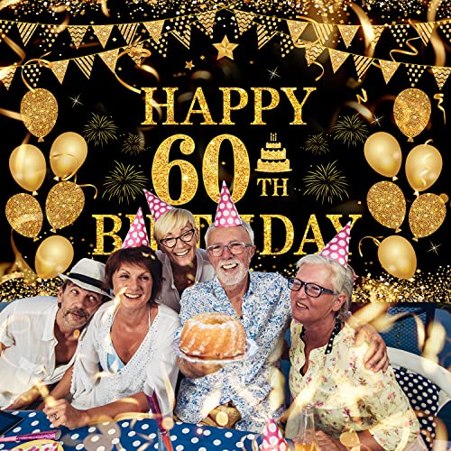 Image of 60th Birthday Banner - Black & Gold - 71 x 45 Inch - Happy 60th Birthday Decor