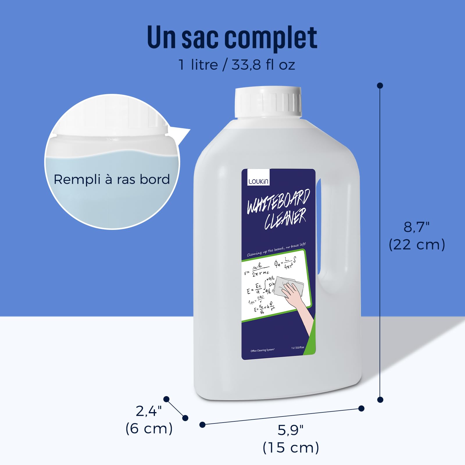 loukin Recharge de nettoyant pour tableau blanc 1 l avec entonnoir en silicone pliable, spray de nettoyage à sec, élimine les taches tenaces, non toxique et sans odeur