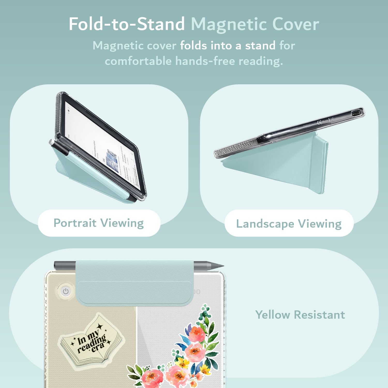 TUDIA M-FLIP Detachable Clear Magnetic Case for Kobo Libra Colour (2024) - [Auto Wake/Sleep] Shockproof Slim Transparent Back Magnetic Fold Cover with Stylus Holder (Baby Blue)