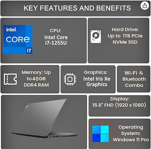 Vista 11 de Lenovo Laptop V15 para negocios, hogar, estudiante (15.6 pulgadas FHD antirreflejo, Intel i7-1255U, 16 GB de RAM, 512 GB SSD), teclado numérico