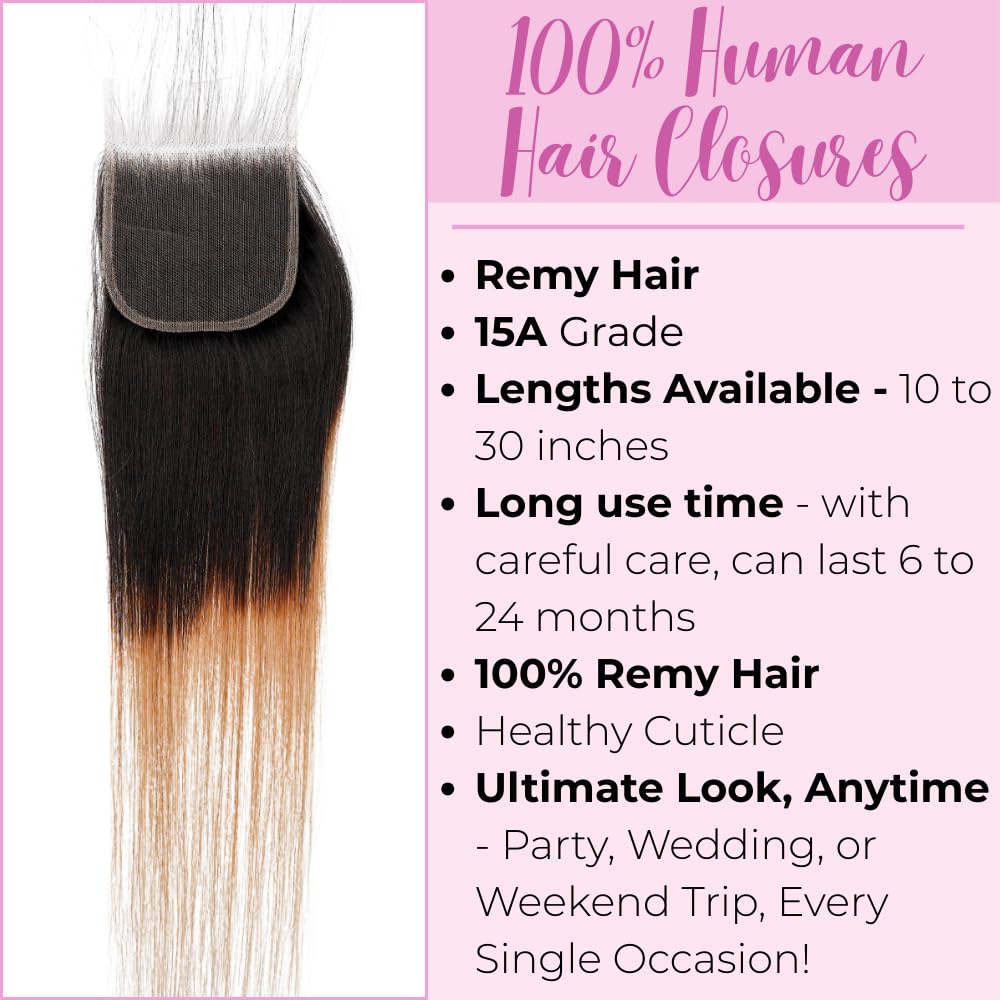 Luxury 4x4 HD Lace Closure Straight – 100% Brazilian Virgin Human Hair, Free Part Silky Straight Closure, T1B/27 Ombre, 14 Inch, Natural Look for Black Women
