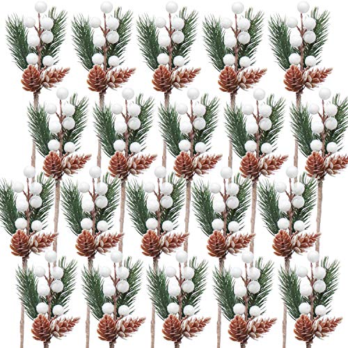 Artificial Pine Picks, SPWOLFRT 20 Pieces White Christmas Berries/Holly Leaves/Artificial Christmas Picks/Berry Stems Pine Branches/Wreath Picks for Winter Décor, Xmas Decorations (White, 20)
