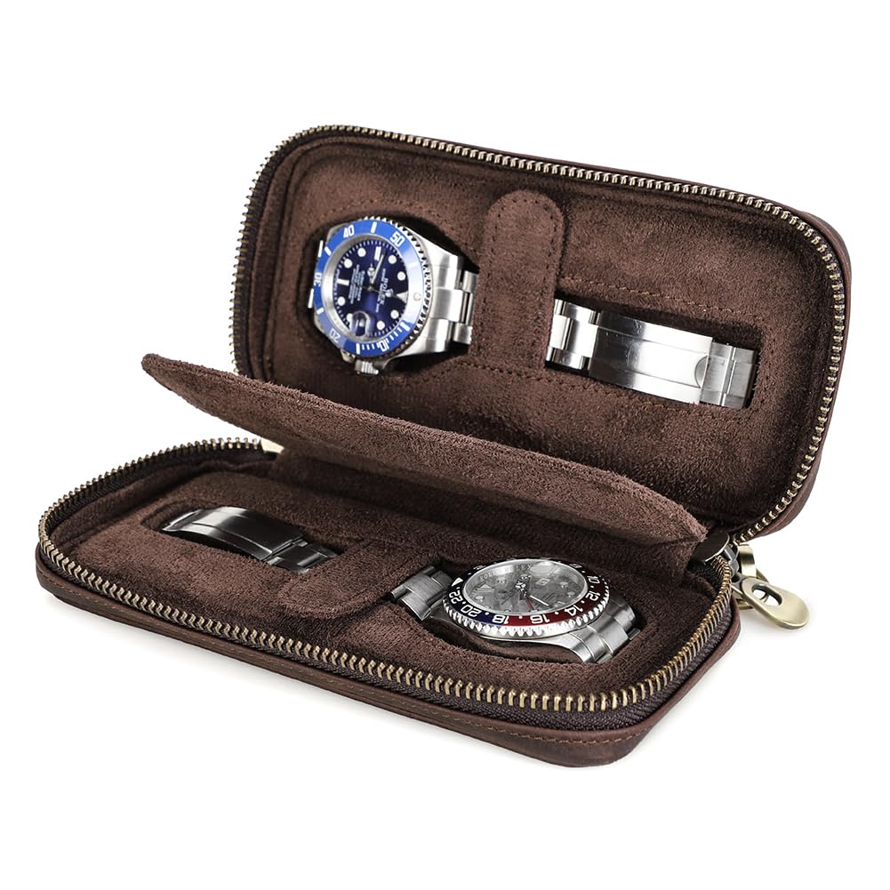 Hiram Crazy Horse Leather 2-Watch Case Organizer for Men & Women, Dual Zipper Closure, Removable Wrist Strap, Fits up to 45mm Dial, Brown