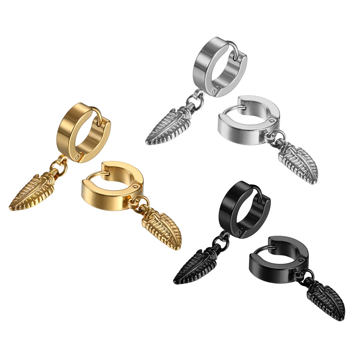 Cupimatch 3 pares de pendientes de aro pequeños de acero inoxidable con colgante de pluma de oro negro y plateado Estilo 1
