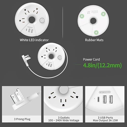 Miniatura 9 de NTONPOWER - Tira de alimentación de viaje 3 tomas de corriente 3 USB portátil estación de carga de escritorio cable de extensión corto de 15 Negro,