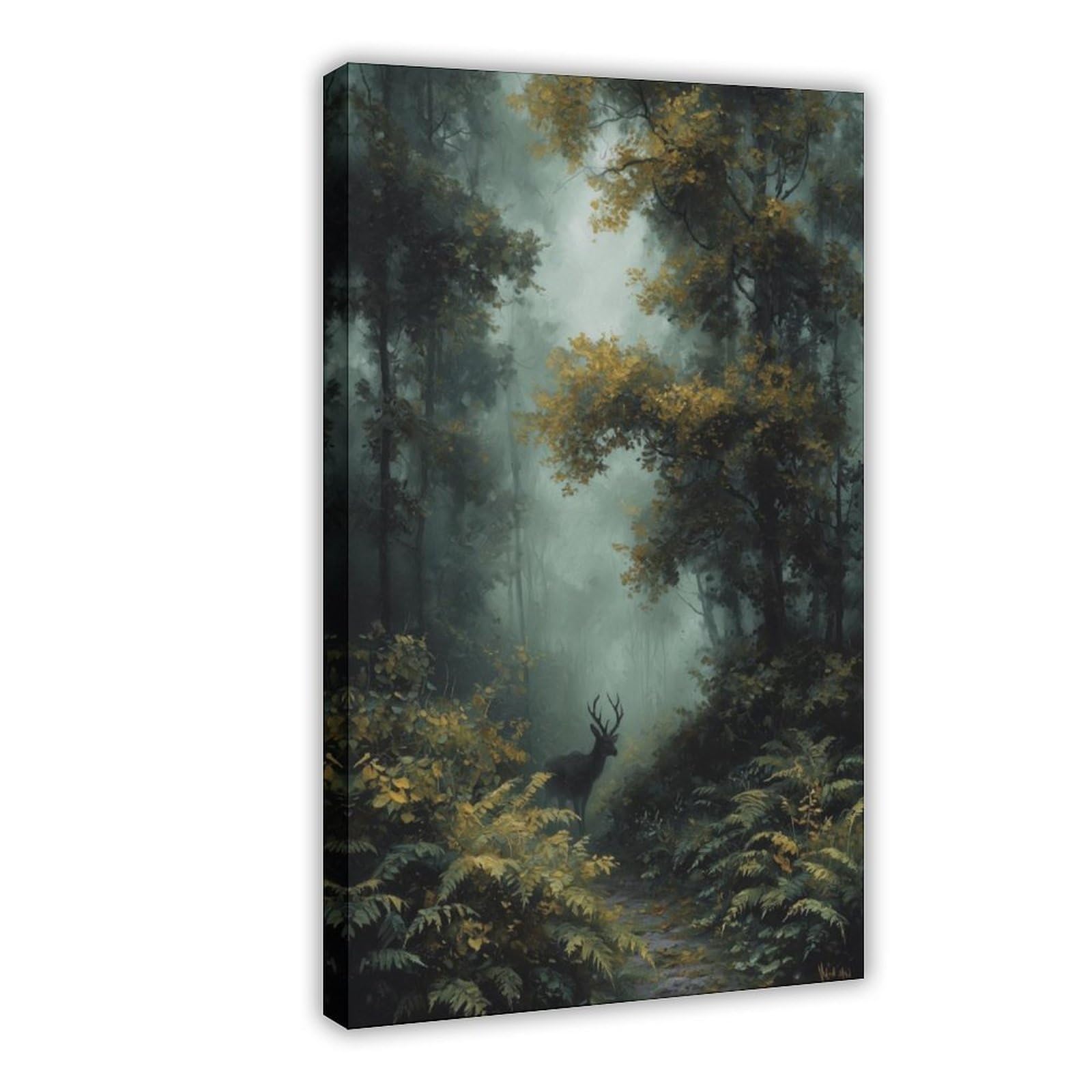 Bareronor Frame Misty Autumn Forest Stag Canvas Poster Bedroom Decor Landscape Office Room Decor Gift 20" L X 30" W