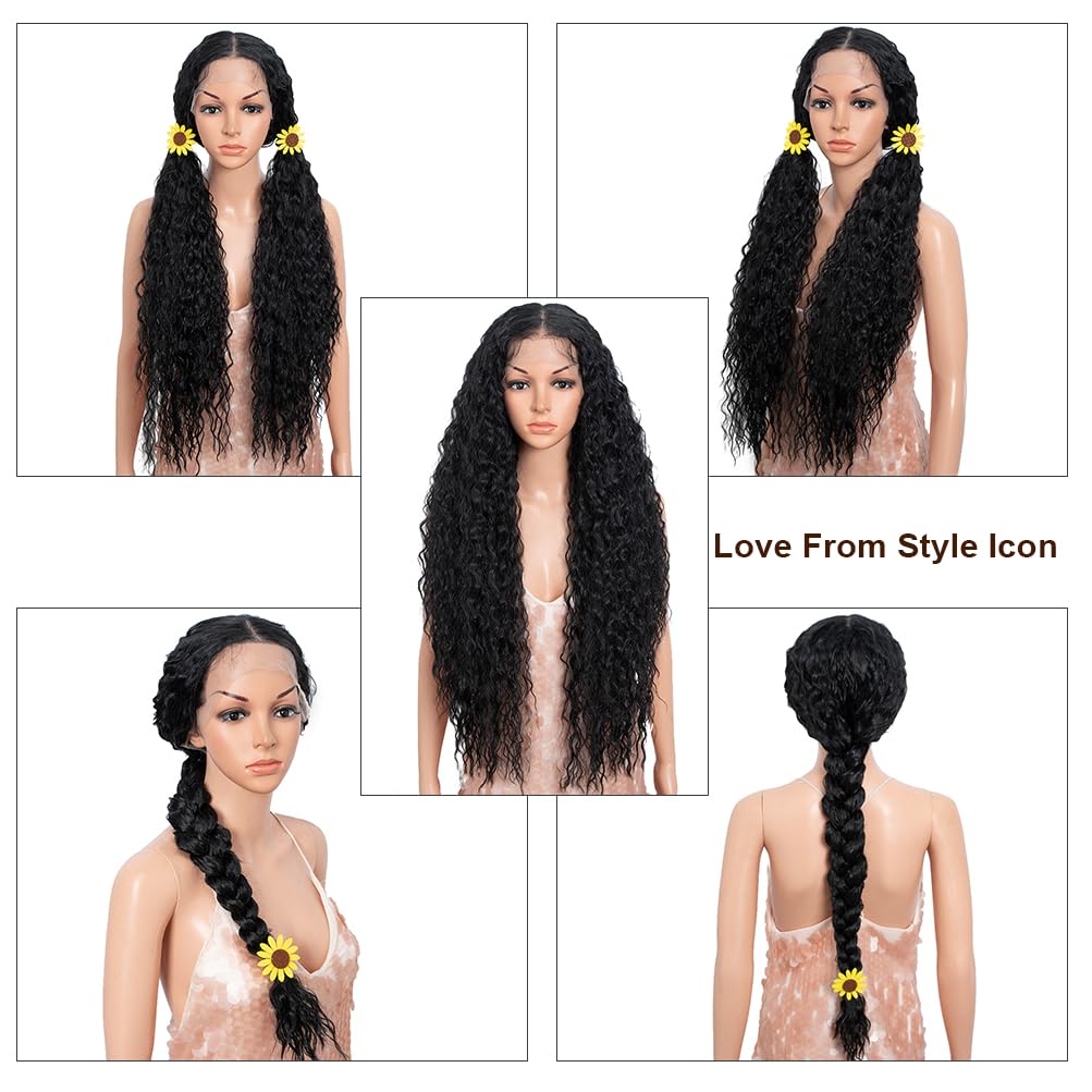 Style Icon 32” Super Long Curly Wig Easy 360 Lace Front Black Wig 13x4 Pre-Plucked Hairline Free Part Full Frontal With Baby Hair Heat Resistant(32", 1B)