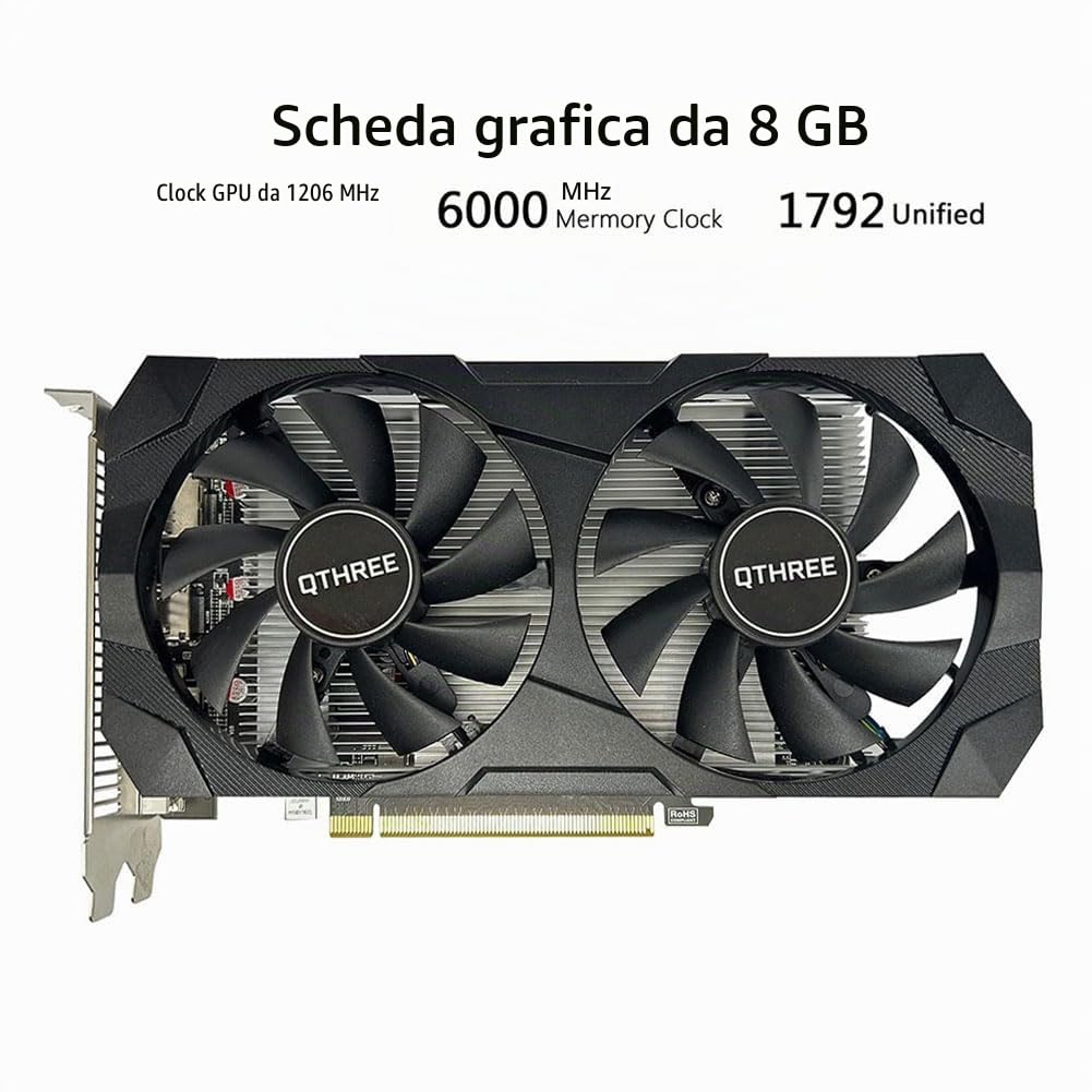 QTHREE Radeon RX 560xt 8GB GDDR5 128-bit Scheda Video, HDMI, DVI-D, DisplayPort, Scheda grafica per PC da gaming, PCI Express x16, DirectX 12, Alimentatore a 6 pin