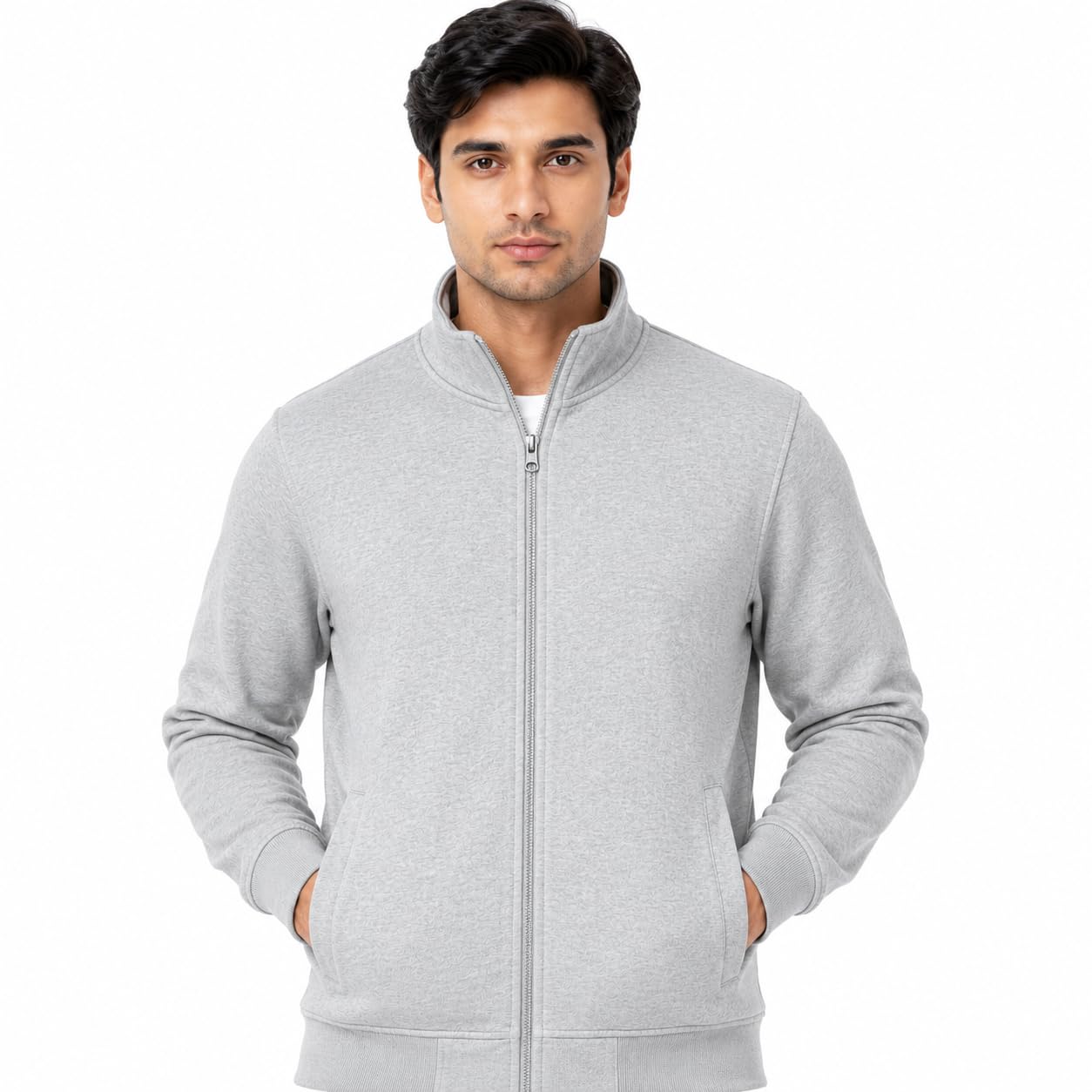 Men's Full Zip Fleece Sweatshirt Jacket with Pockets LIGHT GREY, Mock Neck Collar, Side Pockets, Thermal Warm Lining, Casual & Office Wear, Long Sleeves-picture-49