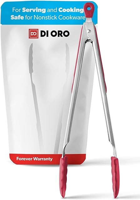 DI ORO® Kitchen Tongs 30.5cm Stainless Steel with Non-Stick 250°C Heat-Resistant BPA Free Silicone Tips Great Tool for Cooking, Serving, and Barbecuing - Dishwasher Safe and Easy to Clean