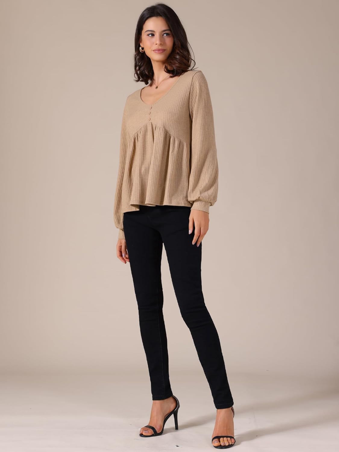 Allegra K Women's Knit Peplum Top V Neck Long Sleeve Ruffle Hem Pullover Sweater - Image 2