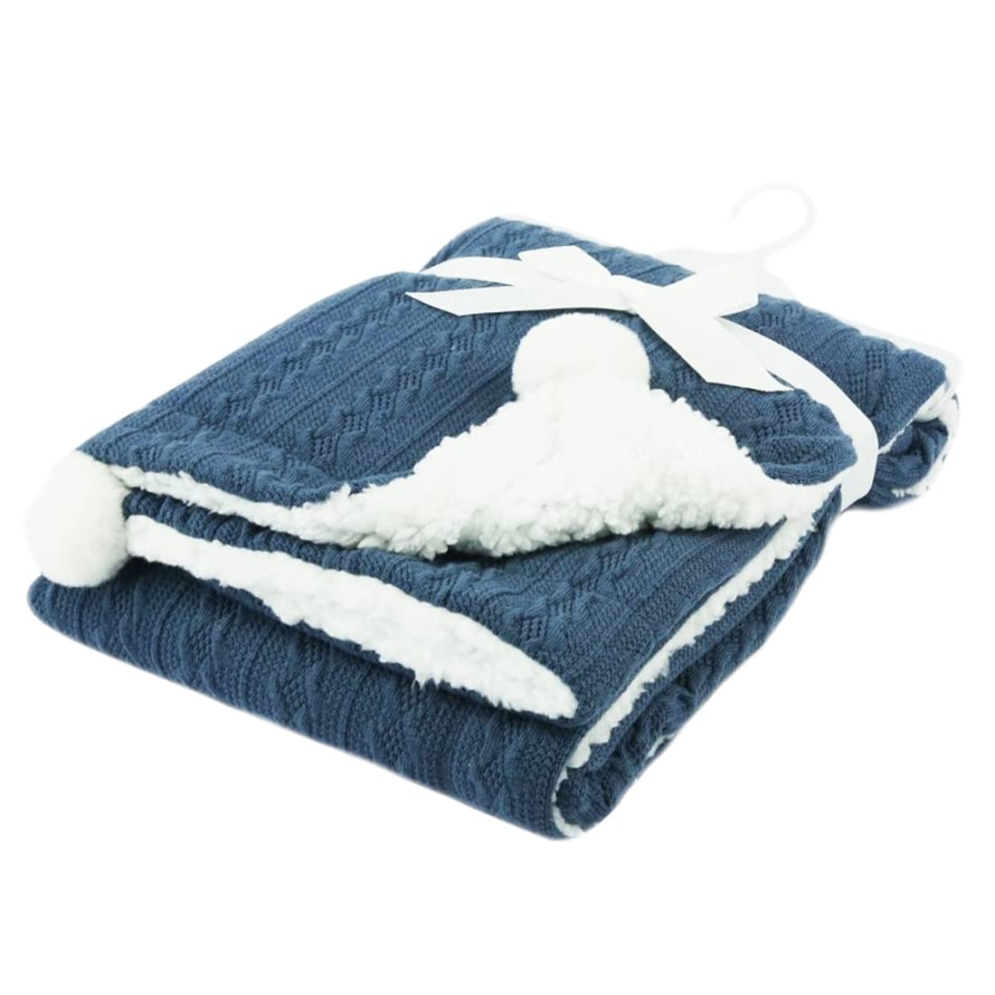 Gum & Berries Baby Wrap Cable Knit Pom Pom Soft Sherpa Back Pram Blanket Soft Touch Steel Blue 75 cm x 90 cm