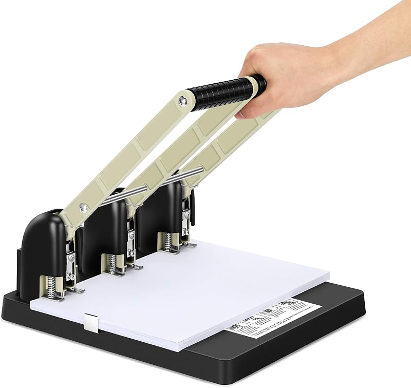 Heavy Duty 3 Hole Paper Punch,150 Sheet Capacity,Ergonomic Handle, Large Capacity Tray and Durable Metal, for Office, Home & Print Shop Use,Replaceable Cutter Head