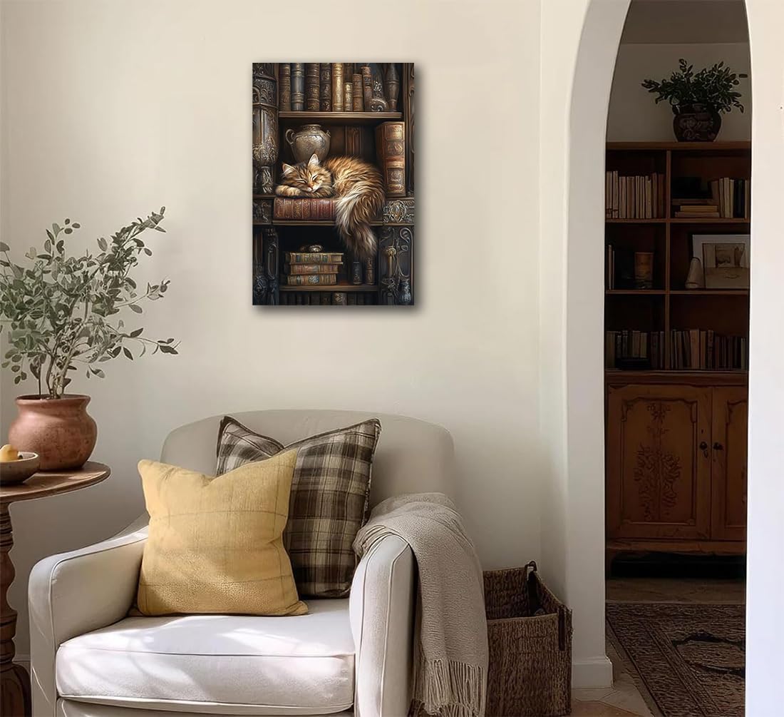 Sleeping Cat Book Bookshelf Canvas Wall Art,Reading Room Decor,Retro Bookish Posters Oil Painting Prints for Women Girls,Retro Library Book Club Gifts, Books Themed Party Decorations,8"x12" Framed