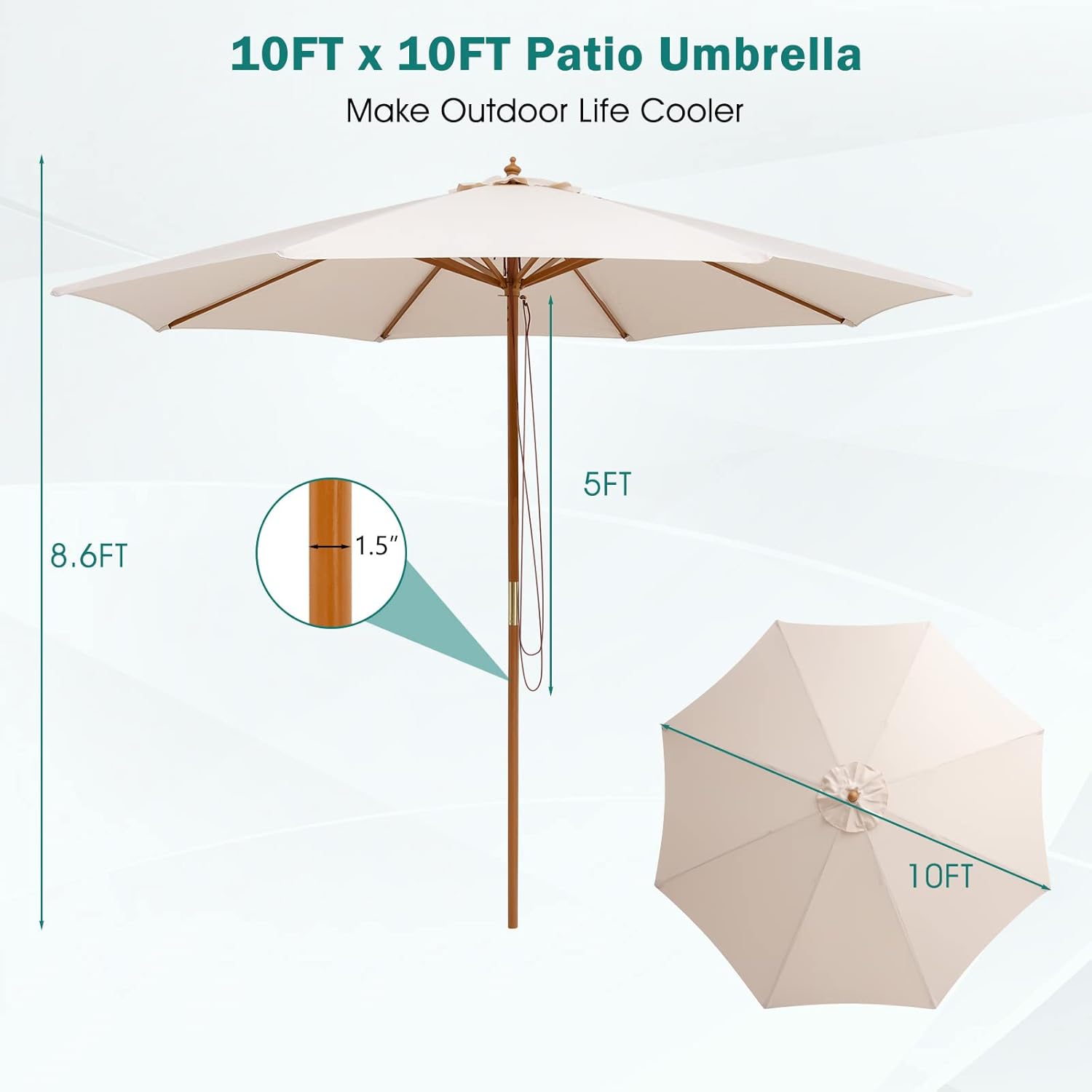 Giantex 10FT Patio Umbrella, Outdoor Table Market Umbrella with 8 Bamboo Ribs, Pulley Lift and Ventilation Hole, Outdoor Sunshade Umbrella for Poolside Backyard Beach