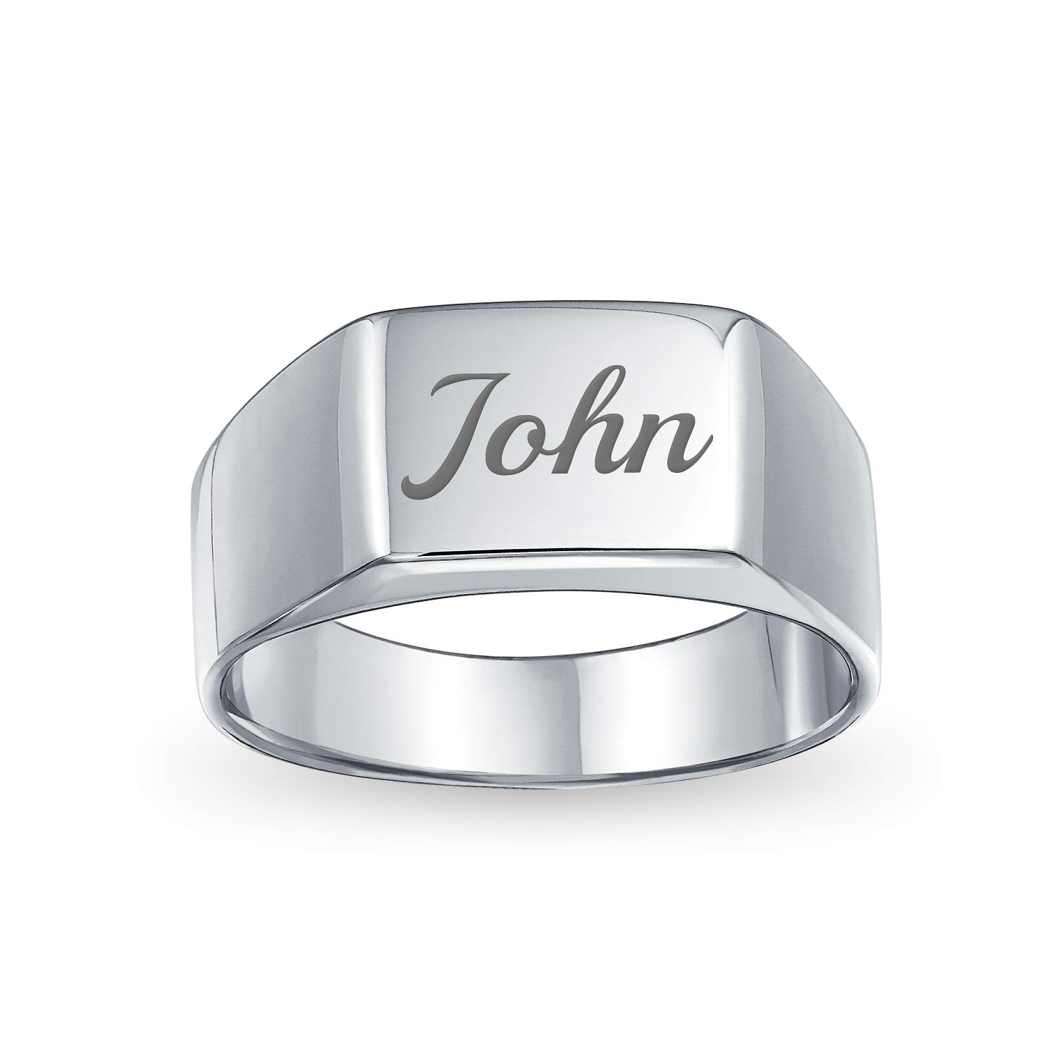 Bling Jewelry Anillo de sello rectangular ancho simple personalizado geométrico con iniciales grabadas para hombre en plata de ley .925 acabado brillante