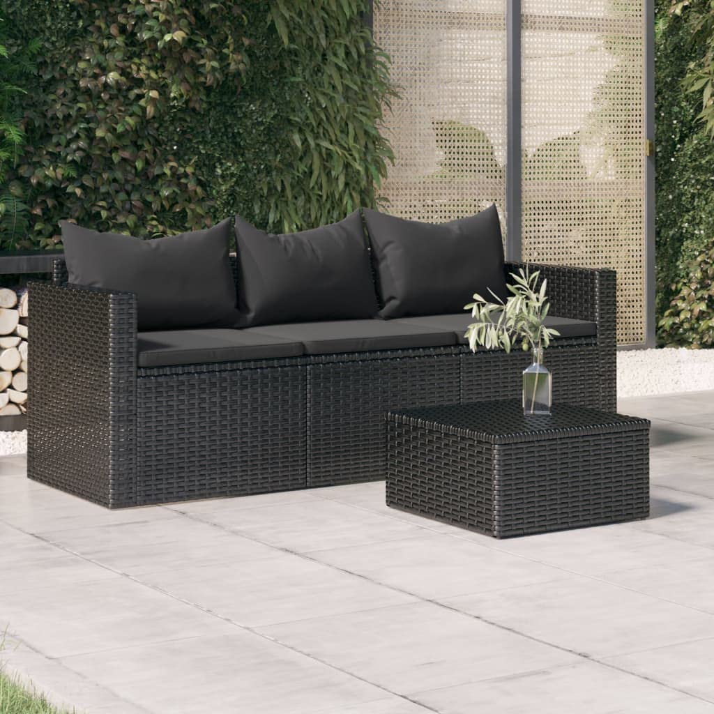 Divano da Giardino a 3 Posti con Cuscini Nero in Polyrattan, Set Giardino Esterno, Set Mobili da Giardino, Salotto da Giardino Esterno in Rattan Per Esterno Piscina Balcone