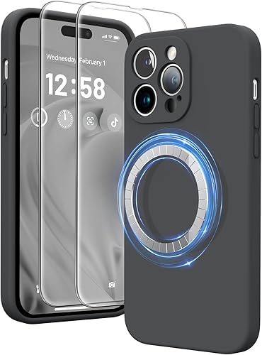HIKII Funda magnética 3 en 1 para iPhone 14 Pro Max diseñada para Magsafe con 2 protectores de pantalla, funda de silicona a prueba de golpes para