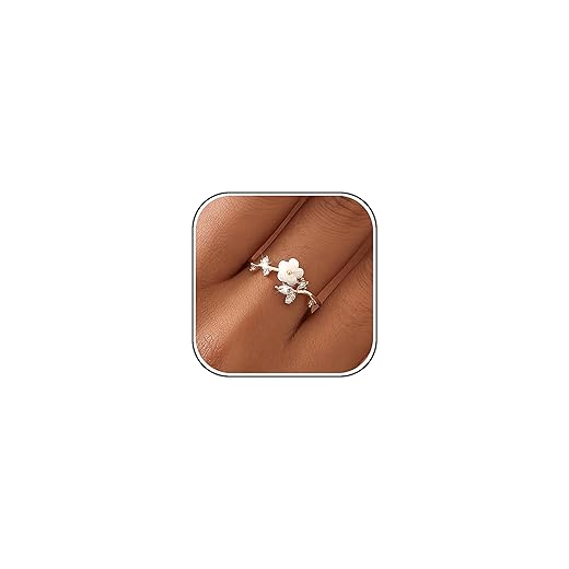 Rings for Women Non Tarnish, 14K Gold Plated Open Pearl Flower Band Adjustable Cubic Zirconia Rings for Women