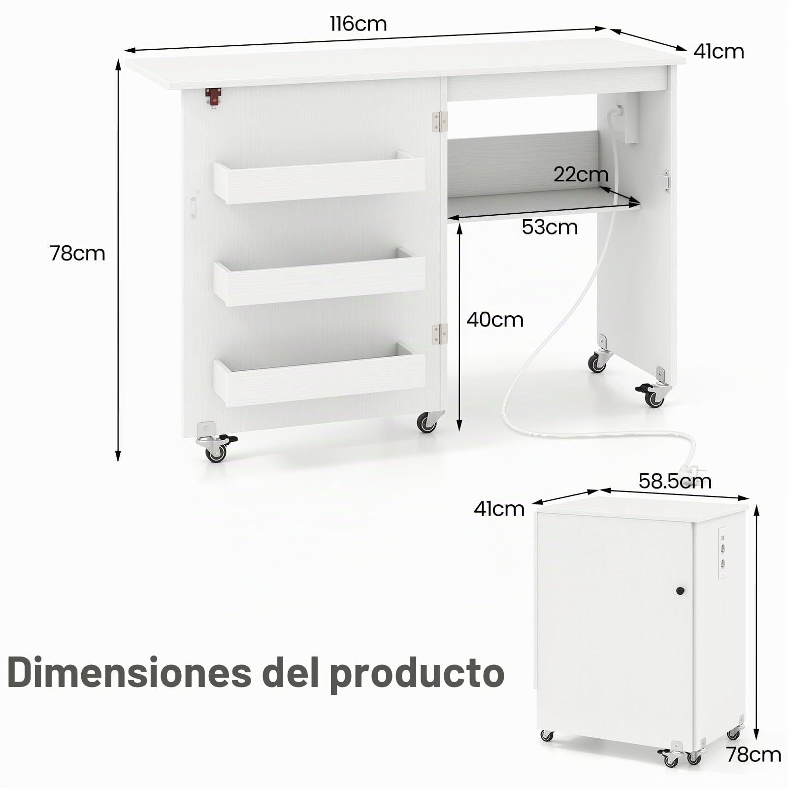 LIFEZEAL Mesa de Coser Plegable con Base de Carga, Armario de Máquina de Coser Móvil con Estante y Cajones, Armario de Costura Multifuncional con Ruedas para el Hogar y la Oficina (Blanco)