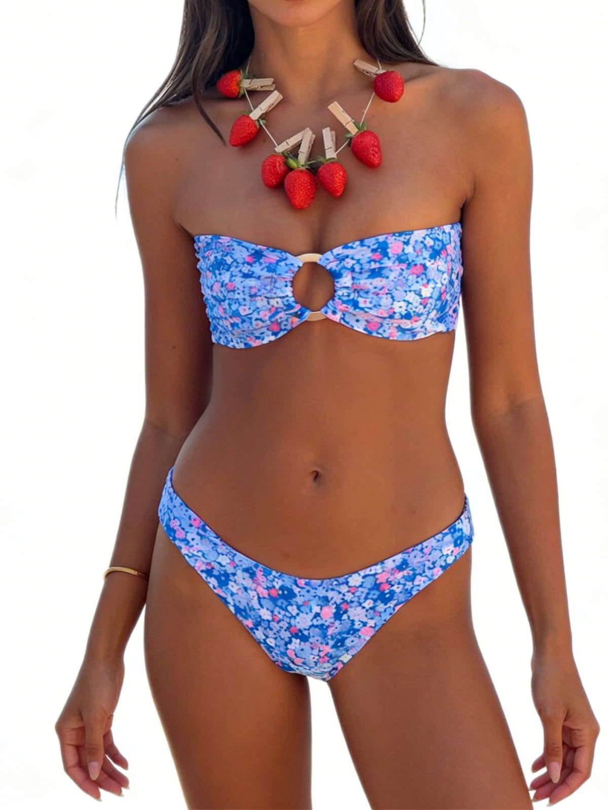 Alyweatry Women Floral Bandeau Bikini Set O Ring Strapless Tie Back Bikini Top High Cut Cheeky Thong Bathing Suit
