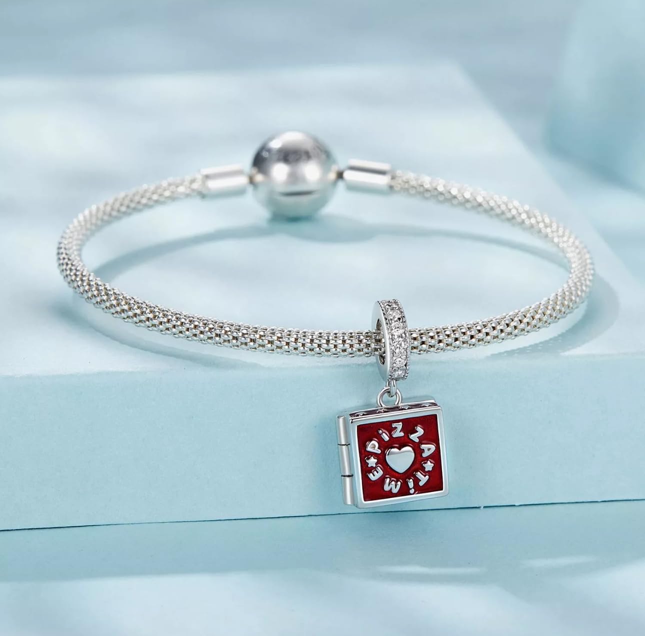 Charm-Anhänger „I Love Pizza“ echtem 925er Sterlingsilber, kompatibel Armband