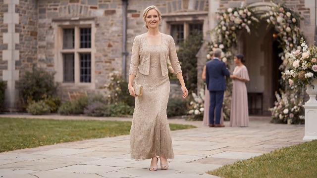 Alex Evenings Women's Long Mother of The Bride Sequin Lace Jacket Dress with Illusion Sleeves (Petite and Regular Sizes), Buff, 6 : Clothing, Shoes & Jewelry