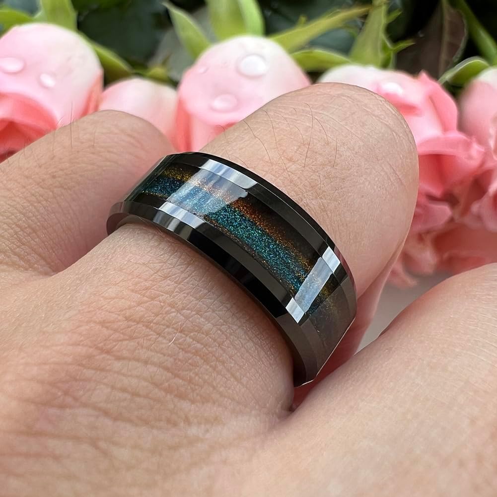 TUTISS 8mm Black Tungsten Rings for Men Women Flowing Sand Inlay Fashion Engagement Promise Wedding Band Beveled Polished Shiny Comfort Fit