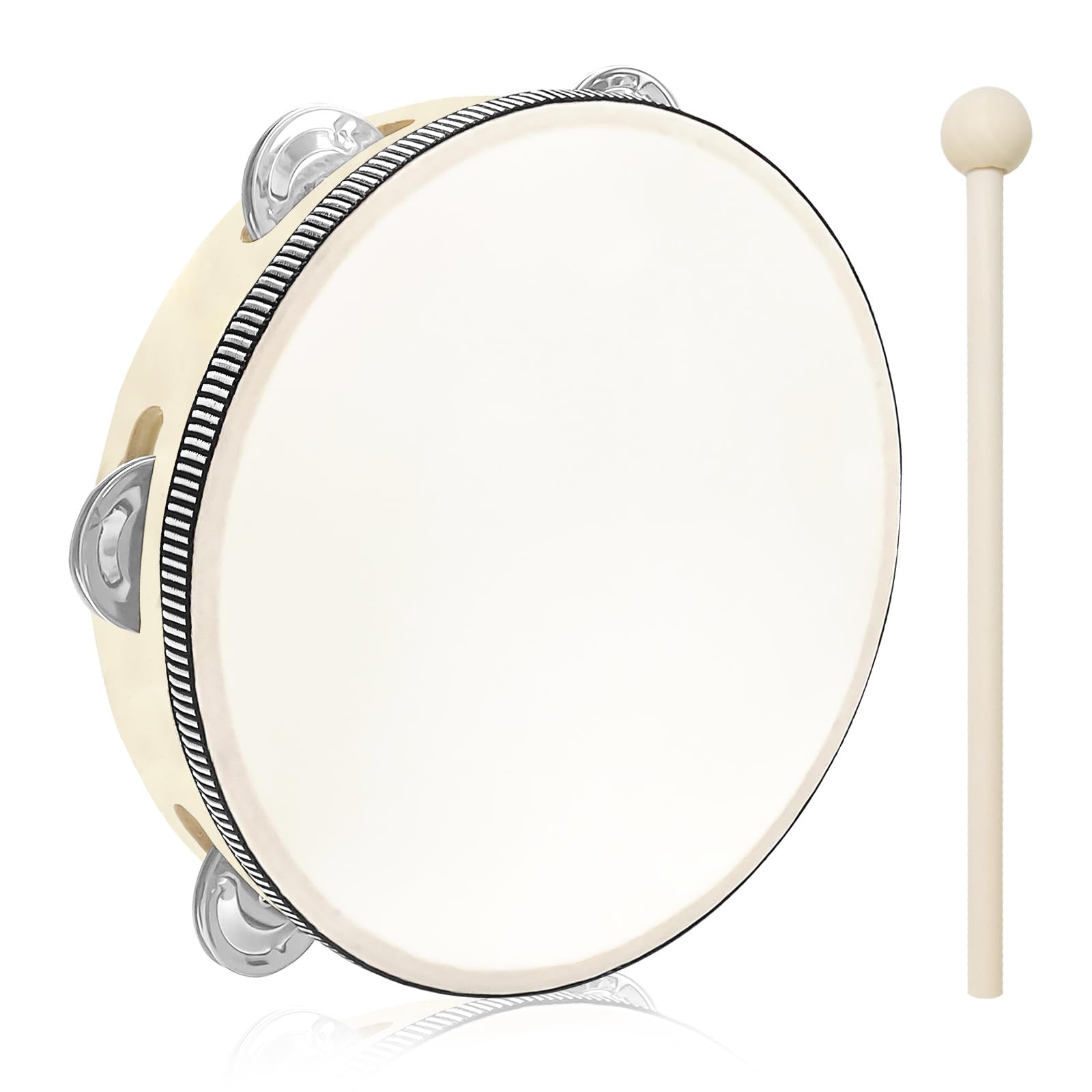 Set Tambourin en Bois avec Baguette 8 Pouces | Tambour à Main 20 cm de Diamètre Bord Renforcé par Corde