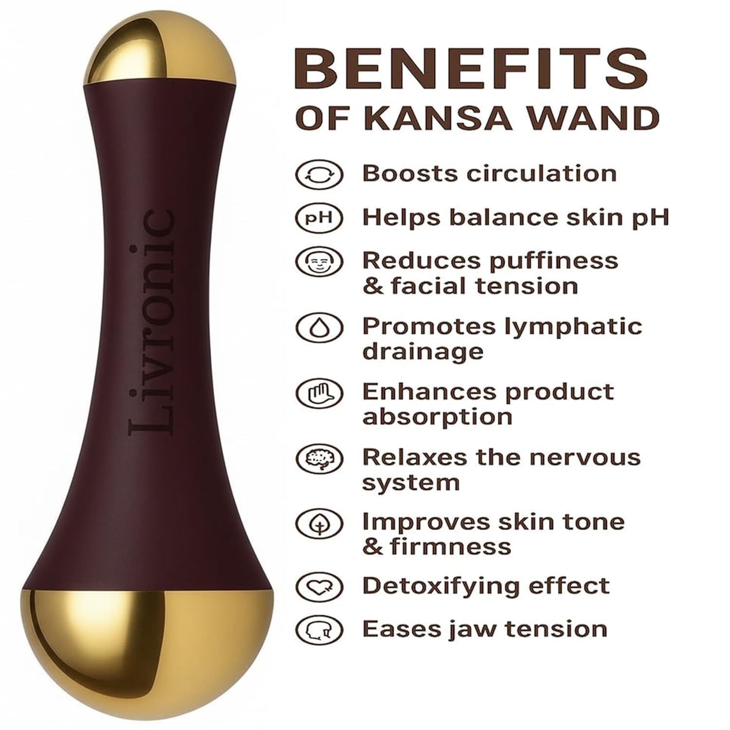 Livronic® Ayurvedic Kansa Wand Face Massager, 2-in-1 Acupoint Detox Tool, Teak Wood Handle, Natural Color, Professional Grade, Waterproof, for Facial Marma Point Therapy 1