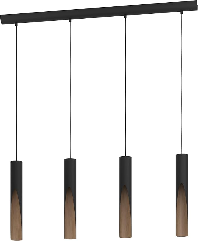 Eglo EGLO LED hanglamp Barbotto, 4-lichts pendellamp boven eettafel, indirecte verlichting, metalen plafondlamp hangend in zwart en houtlook, GU10 lamp, warm wit, FSC-gecertificeerd