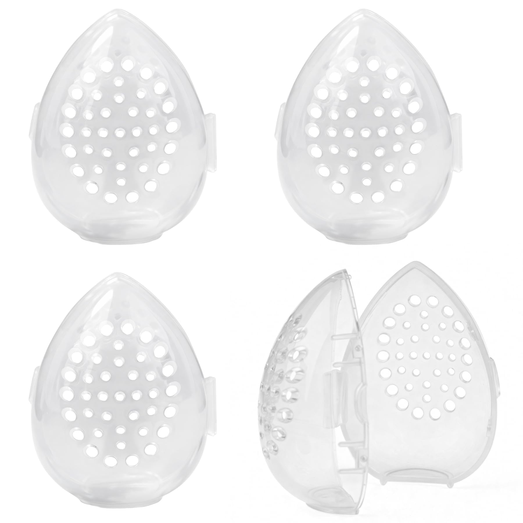4 Pack Breathable Makeup Sponge Case Protective Plastic Beauty Container Blender Holder Cosmetic Egg Storage Cases for Women Travel Clear Teardrop-Shaped