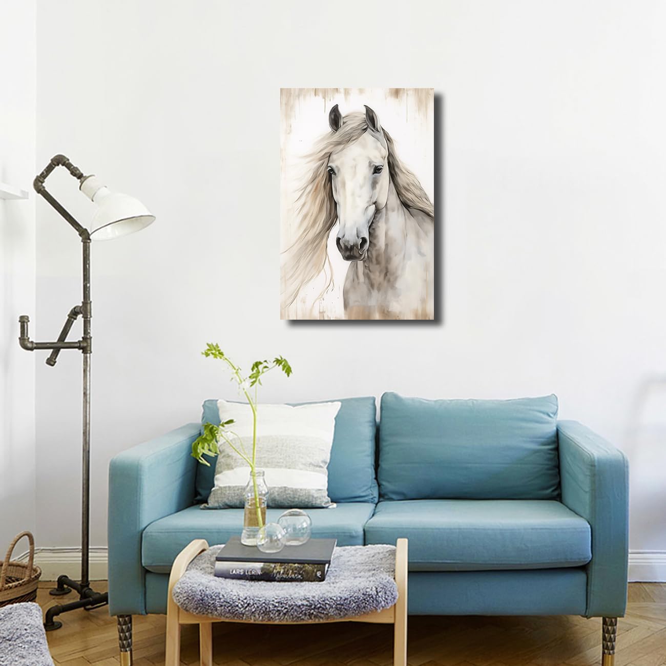 Canvas Wall Art Animal，Horse Head Paintings，Farmhouse White Horse Portrait Picture Prints Living Room Decor Framed(Horse Art-2,24x36inch (60x90cm))