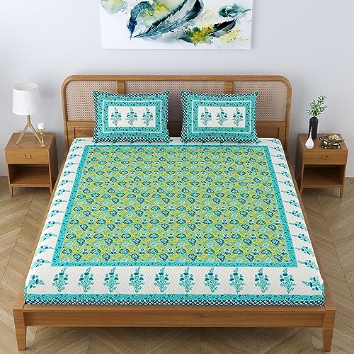 Image of Cotton Blend Traditional Jaipuri Floral Printed Premium Bedsheet for Double Bed King Size with 2 Pillow Covers - Light Blue | Proudly Made in India