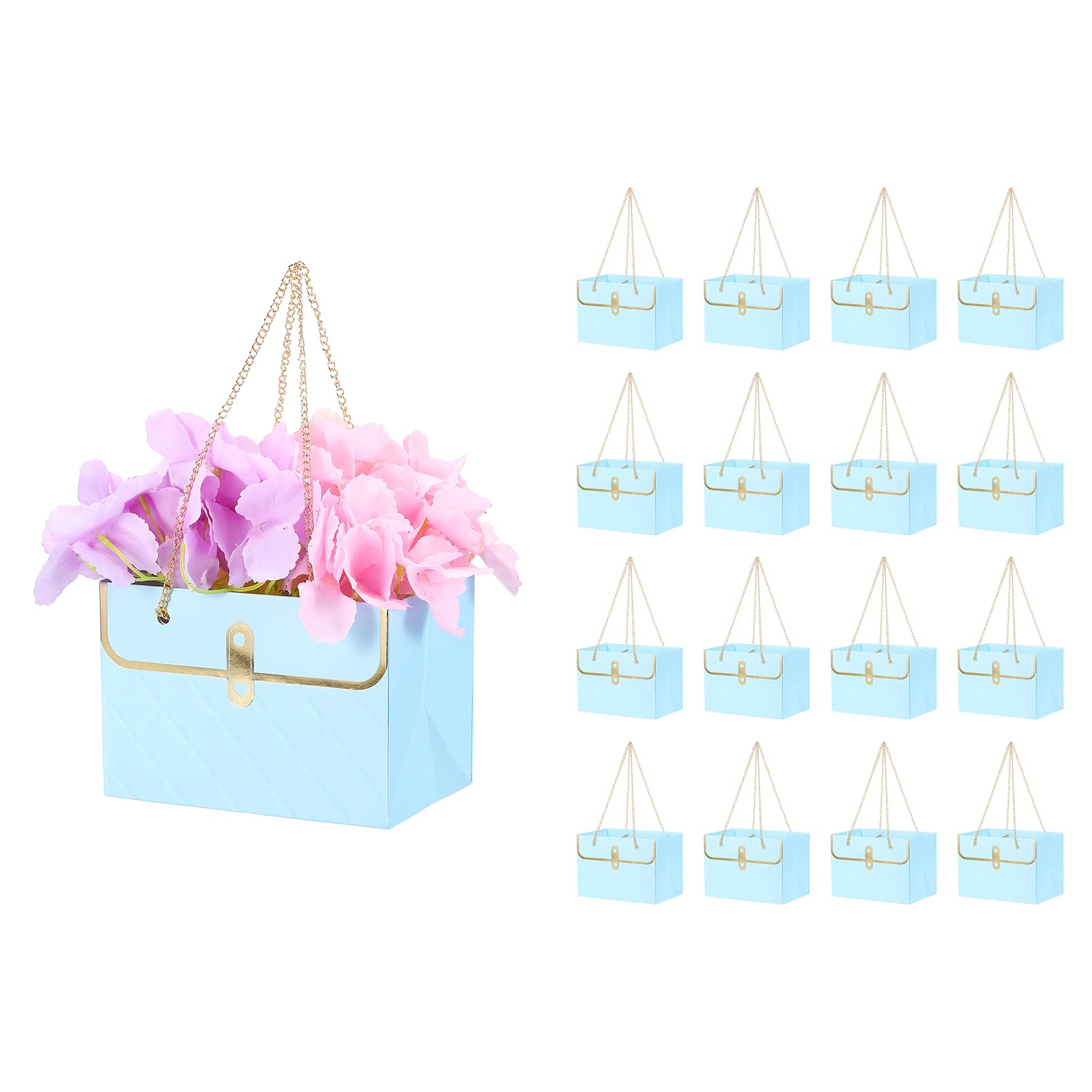PATIKIL Paper Flower Gift Bags (16Pcs, Blue) Bouquet Storage Bucket Florist Handbags with Metal Chains, Suit for - Wedding/Gift Wrap/Birthday/Party/Mother's Day