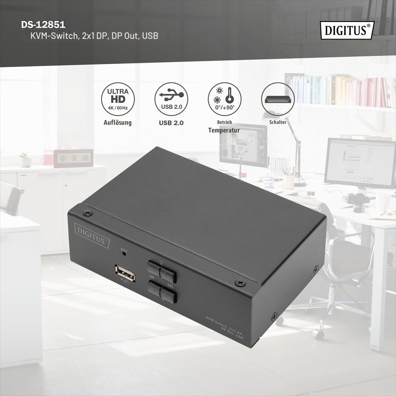 DIGITUS Displayport KVM-Switch – 2-Port Single-Display – 2 PC 1 Monitor – 1x Maus, Tastatur & Audio für 2 Computer – UHD 4K@60Hz (4096 x 2160p) – Hot-Key Umschalter – 1x USB 2.0 Hub – Schwarz