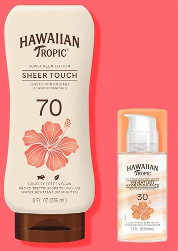 Hawaiian Tropic Sheer Touch Loción de protección solar SPF 70 y loción de hidratación sin peso Hawaiian Tropic para rostro SPF 30 (paquete combinado)