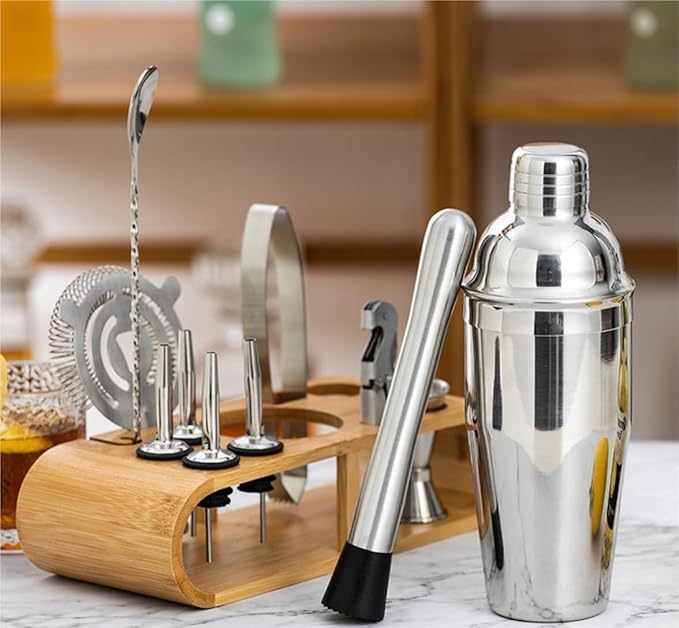 Kit Bartender 12 Piezas con Soporte de Bambú y Coctelera Plateada miniatura 4