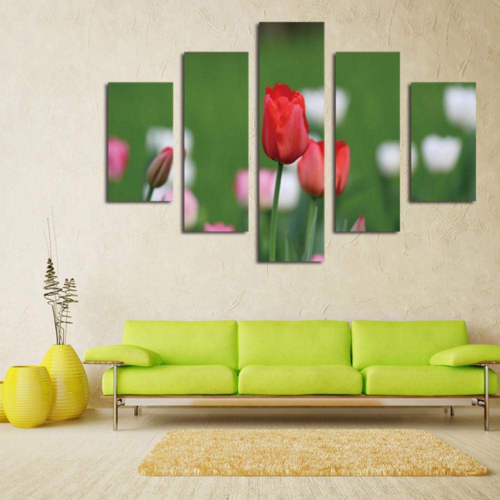 Art mural pour salon chic : grand tableau 5 pièces tulipes rouges