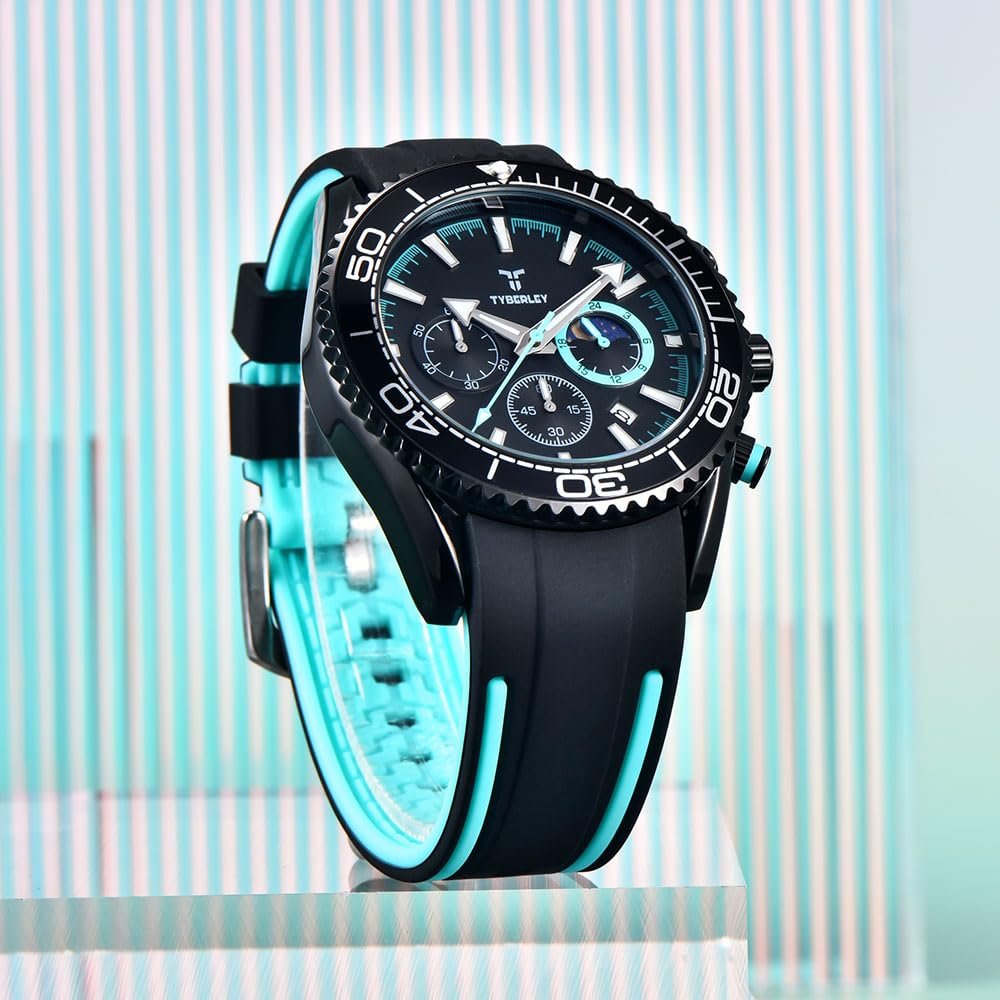 TYBERLEY Orologio da polso vintage da uomo, al quarzo, cronografo, con fasi lunari, cinturino in gomma, impermeabile, luminoso, casual, sportivo