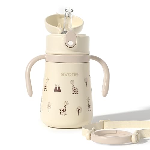 Evorie Leak Proof 316L Stainless Steel Vacuum Sippy Cup for Toddlers, 11 oz | BPA & BPS-Free, Keeps drinks warm or cold, Removable handle & adjustable strap, 2 leak-resistant straws, easy to clean