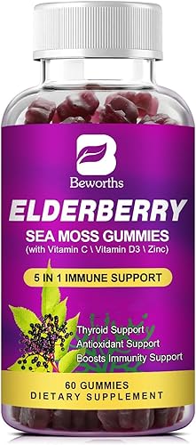 B BEWORTHS Gomitas de saúco negro y gomita de musgo marino, Sambucus orgánico de saúco con zinc y vitamina C, D3, suplementos multivitamínicos de