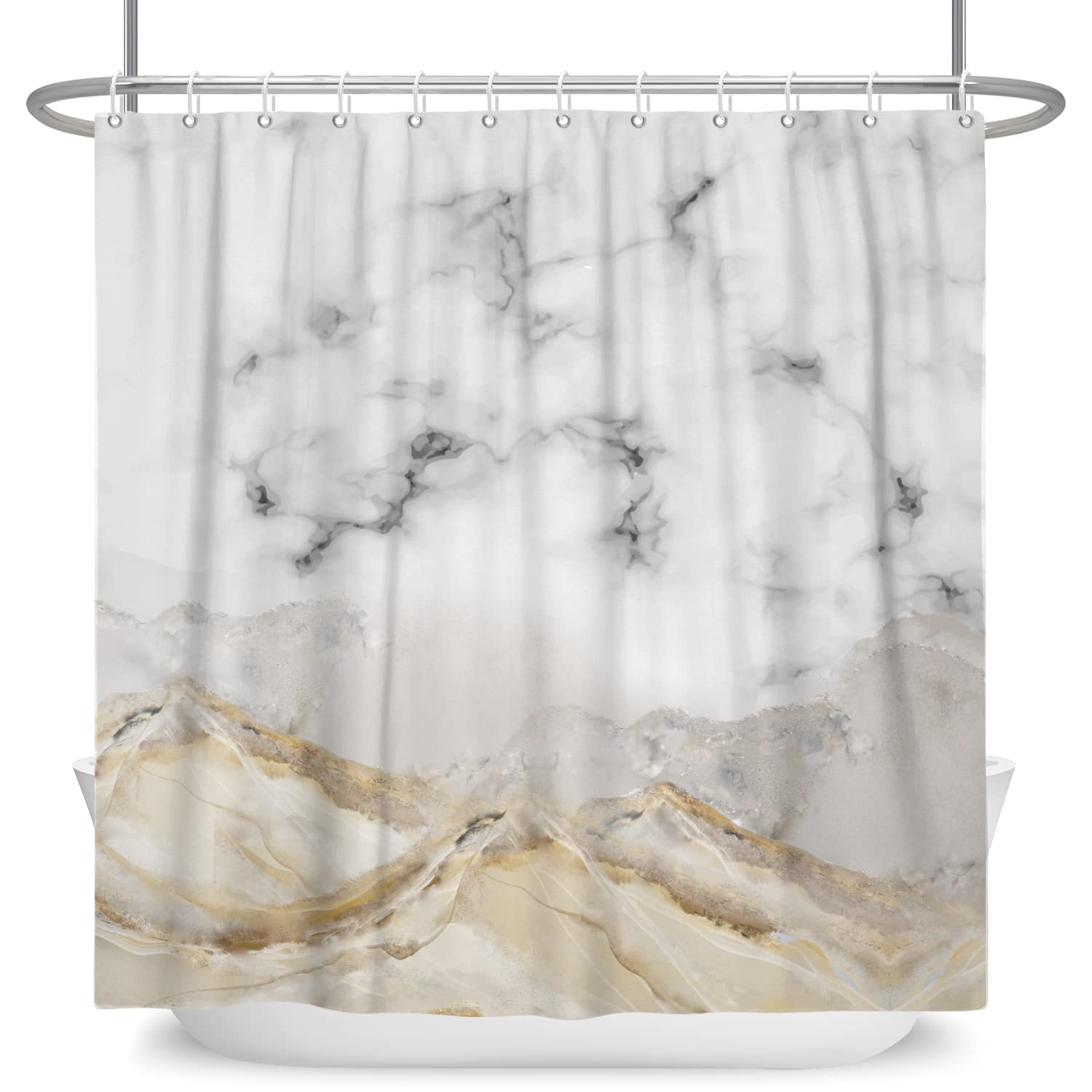 Yeele Grey White Marble Shower Curtain Gold 3D Texture Background Pattern Abstract Modern Bathroom Curtains Waterproof Polyester Durable Bathtub Decorations with Hooks 60X72in