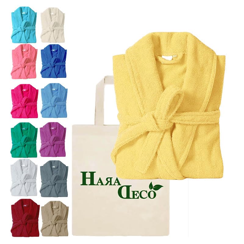 HaraDeco Albornoz Rizo Americano Hombre para Hogar Hostelería Regalo, Bata de Ducha Mujer Unisex, 100% Algodón 380gsm, Absorción Rápida Tacto Suave, con Cinturón y 2 Bolsillos(Amarillo, XXL)